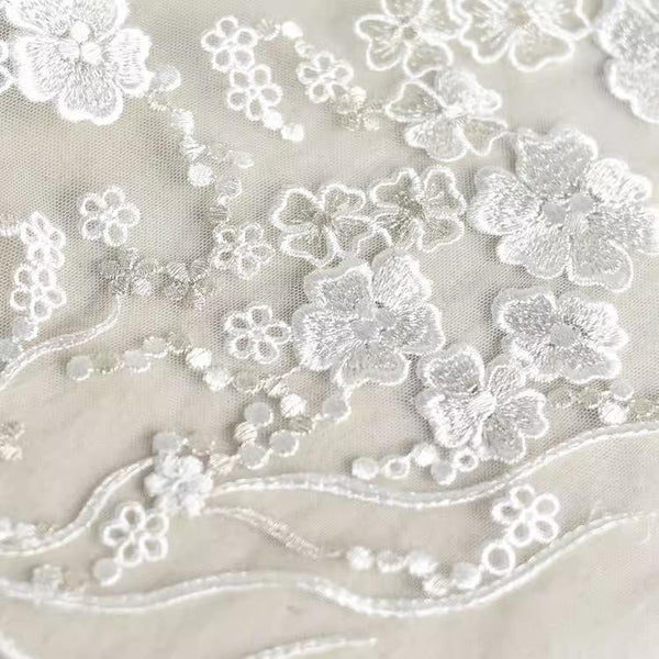 White Embroidered Floral Lace Fabric - Bridal Gown Lace by Yard