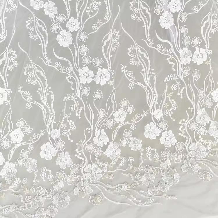 White Embroidered Floral Lace Fabric - Bridal Gown Lace by Yard