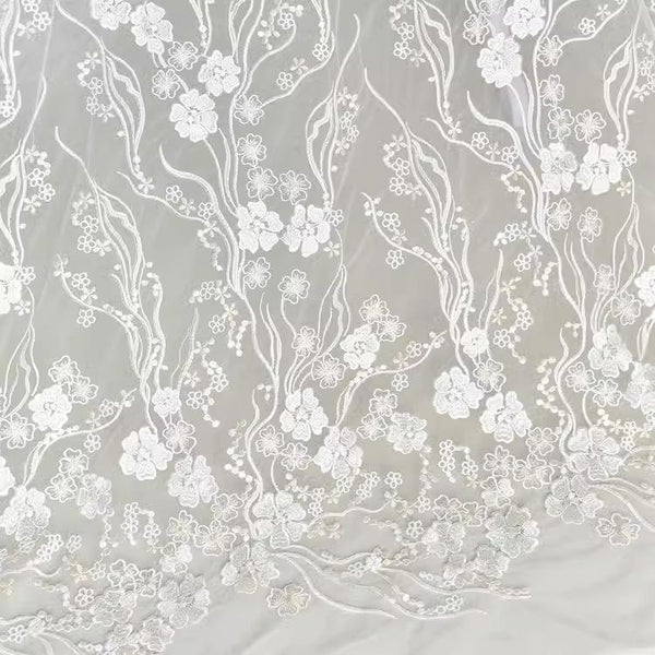 White Embroidered Floral Lace Fabric - Bridal Gown Lace by Yard