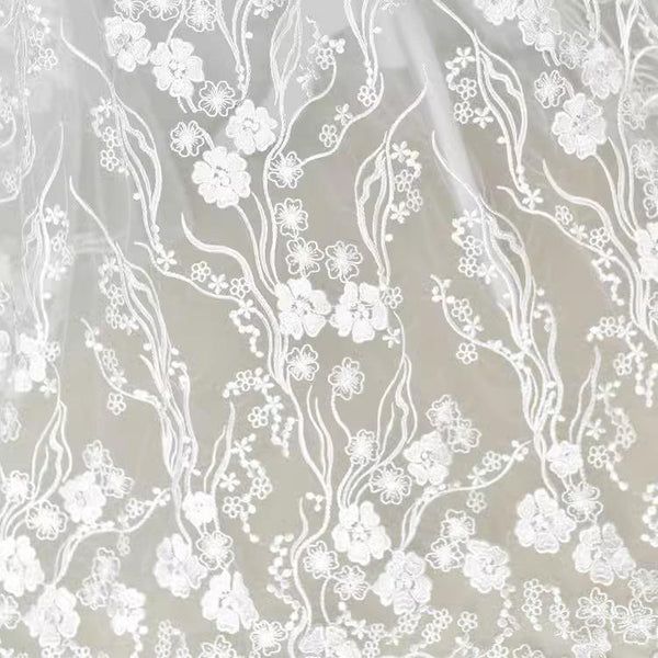 White Embroidered Floral Lace Fabric - Bridal Gown Lace by Yard