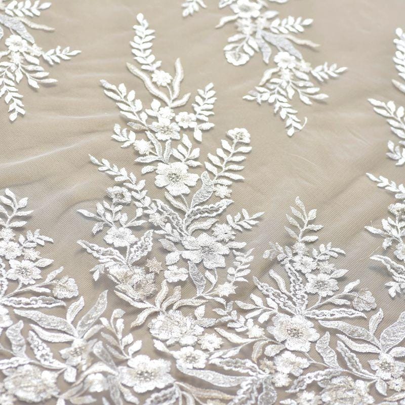 White Embroidered Bridal Lace Fabric - Corded Wedding Gown Lace By The Yard