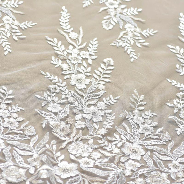 White Embroidered Bridal Lace Fabric - Corded Wedding Gown Lace By The Yard