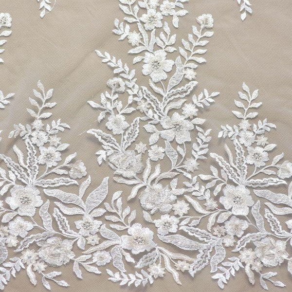 White Embroidered Bridal Lace Fabric - Corded Wedding Gown Lace By The Yard