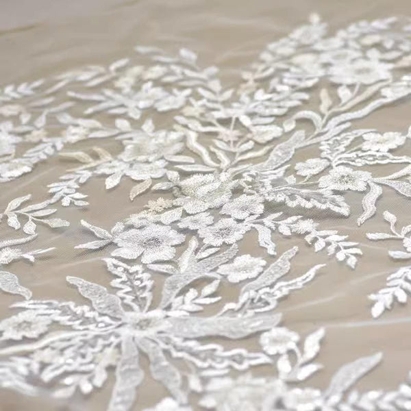 White Embroidered Bridal Lace Fabric - Corded Wedding Gown Lace By The Yard