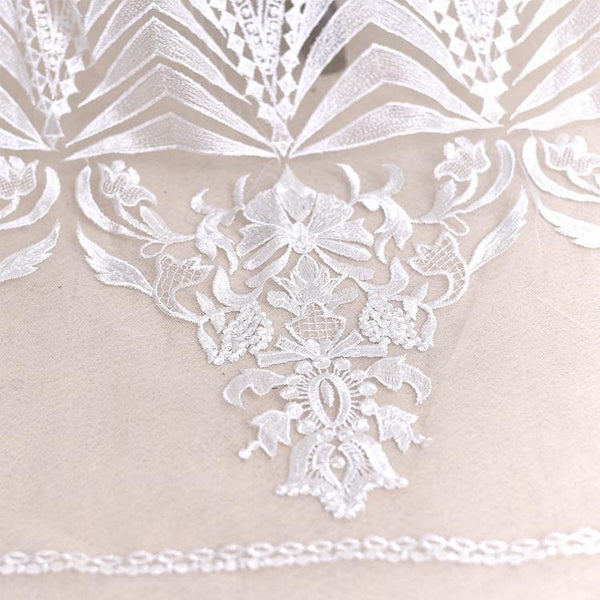 White Embroidered Bridal Lace Fabric by the Yard: Corded Wedding Gown Lace