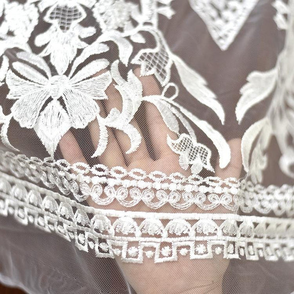 White Embroidered Bridal Lace Fabric by the Yard: Corded Wedding Gown Lace