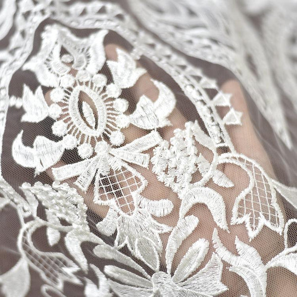 White Embroidered Bridal Lace Fabric by the Yard: Corded Wedding Gown Lace
