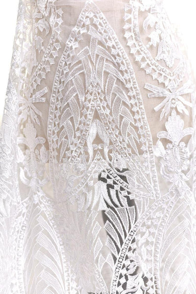 White Embroidered Bridal Lace Fabric by the Yard: Corded Wedding Gown Lace