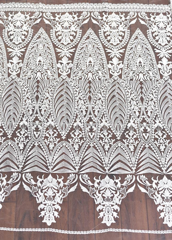 White Embroidered Bridal Lace Fabric by the Yard: Corded Wedding Gown Lace