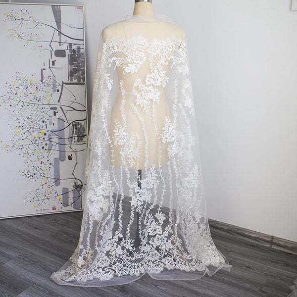 White Embroidered Bridal Lace Fabric - Corded Wedding Gown Lace