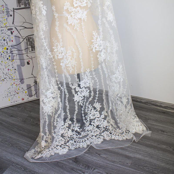 White Embroidered Bridal Lace Fabric - Corded Wedding Gown Lace
