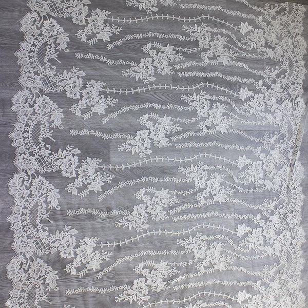 White Embroidered Bridal Lace Fabric - Corded Wedding Gown Lace