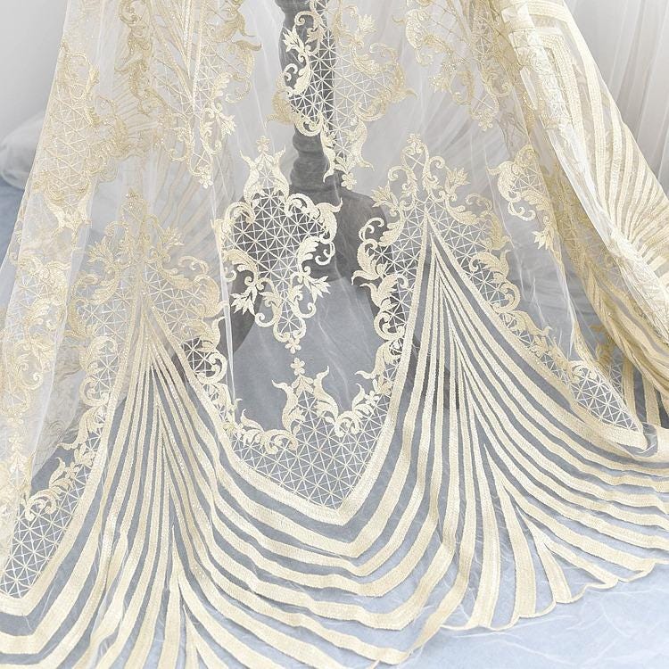 Gold Embroidered Bridal Lace Fabric - Corded Wedding Gown Lace