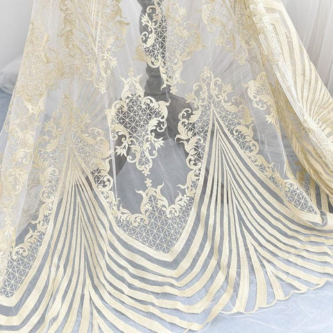 Gold Embroidered Bridal Lace Fabric - Corded Wedding Gown Lace