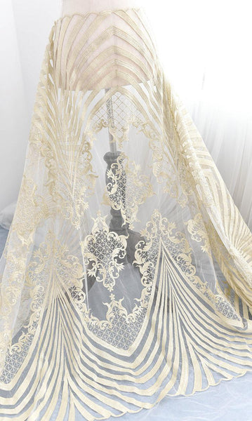 Gold Embroidered Bridal Lace Fabric - Corded Wedding Gown Lace