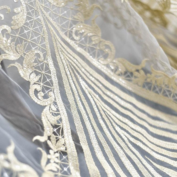 Gold Embroidered Bridal Lace Fabric - Corded Wedding Gown Lace