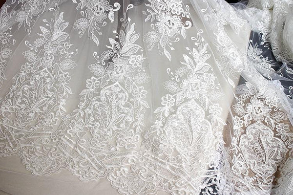 White Embroidered Bridal Lace Fabric - Corded Wedding Gown Lace by Yard