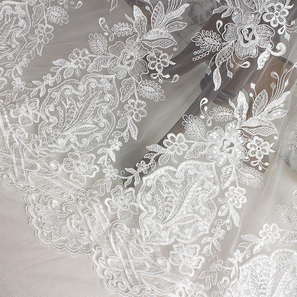 White Embroidered Bridal Lace Fabric - Corded Wedding Gown Lace by Yard