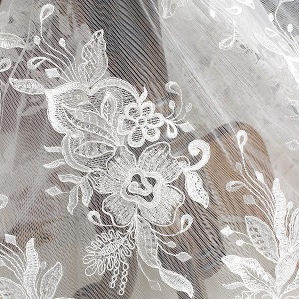 White Embroidered Bridal Lace Fabric - Corded Wedding Gown Lace by Yard