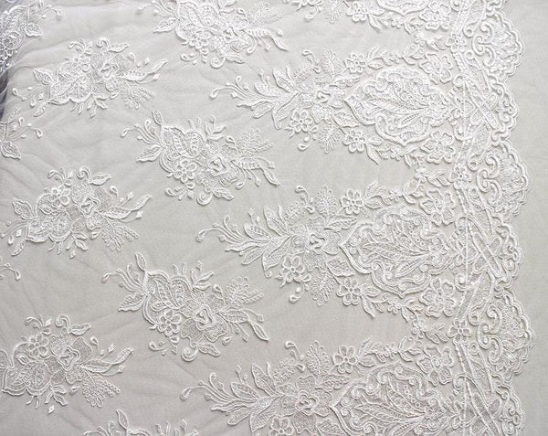 White Embroidered Bridal Lace Fabric - Corded Wedding Gown Lace by Yard