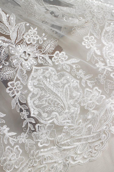 White Embroidered Bridal Lace Fabric - Corded Wedding Gown Lace by Yard