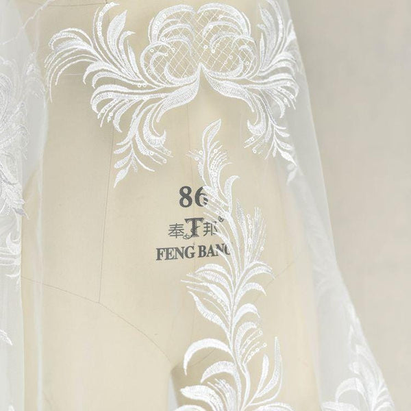 White Embroidered Bridal Lace Fabric - Corded Wedding Gown Lace