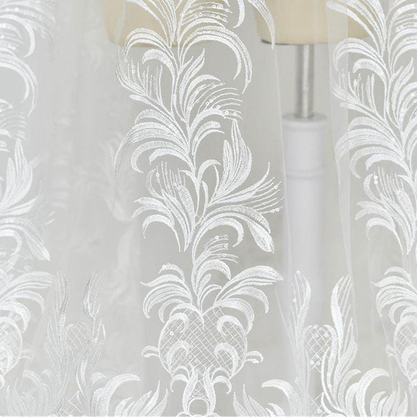 White Embroidered Bridal Lace Fabric - Corded Wedding Gown Lace