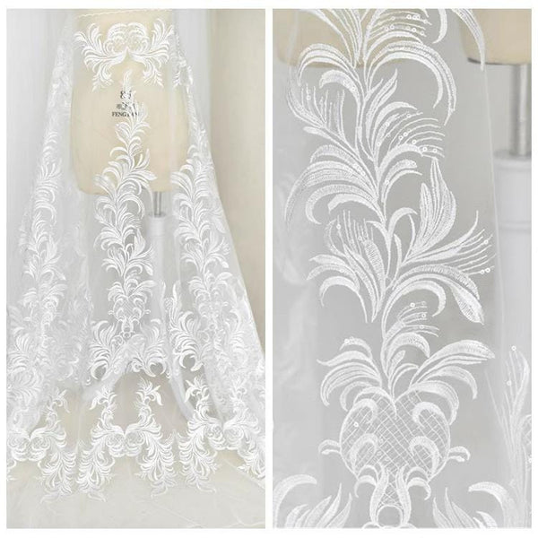 White Embroidered Bridal Lace Fabric - Corded Wedding Gown Lace