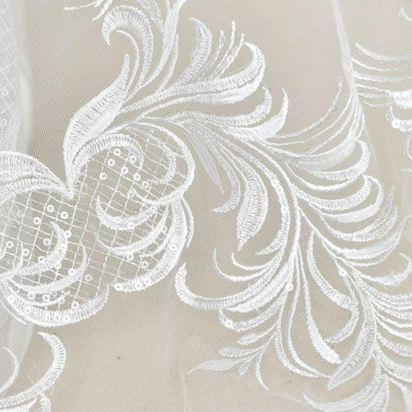 White Embroidered Bridal Lace Fabric - Corded Wedding Gown Lace