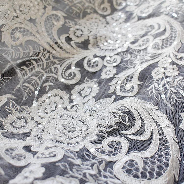 White Embroidered Bridal Lace Fabric - Corded Wedding Gown Lace by Yard