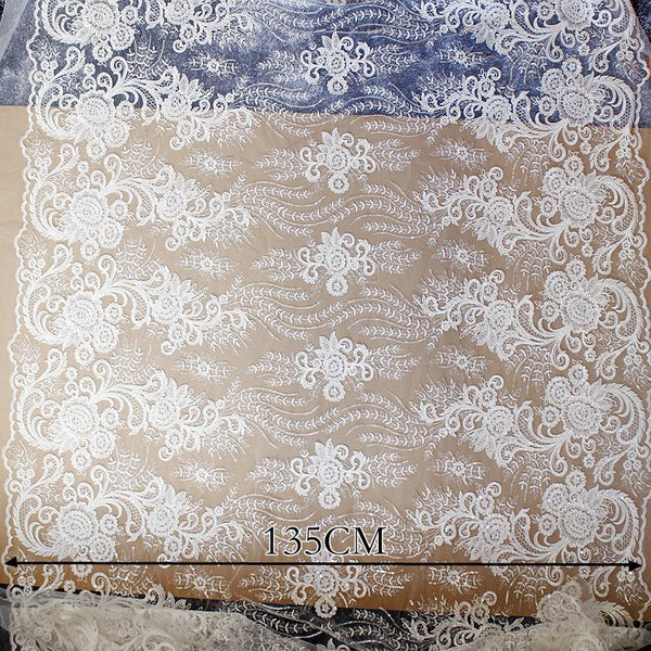White Embroidered Bridal Lace Fabric - Corded Wedding Gown Lace by Yard