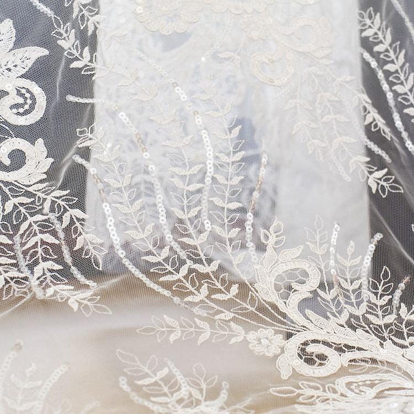 White Embroidered Bridal Lace Fabric - Corded Wedding Gown Lace by Yard