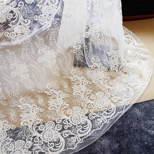 White Embroidered Bridal Lace Fabric - Corded Wedding Gown Lace by Yard