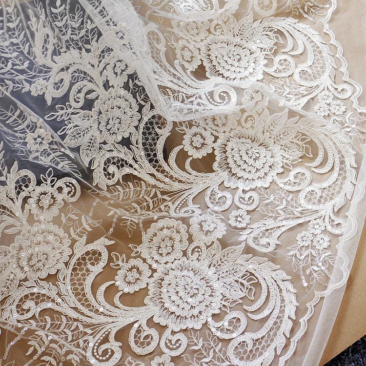 White Embroidered Bridal Lace Fabric - Corded Wedding Gown Lace by Yard