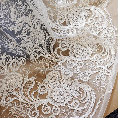 White Embroidered Bridal Lace Fabric - Corded Wedding Gown Lace by Yard