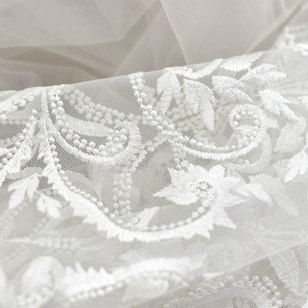 White Embroidered Bridal Lace Fabric - Corded Wedding Gown Lace