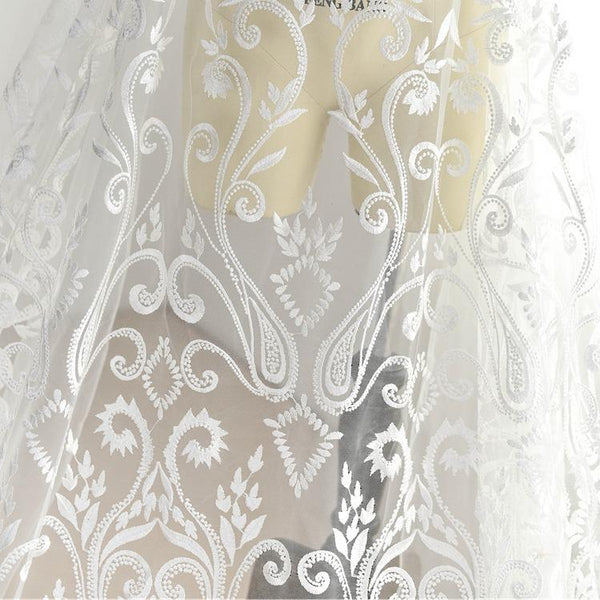 White Embroidered Bridal Lace Fabric - Corded Wedding Gown Lace