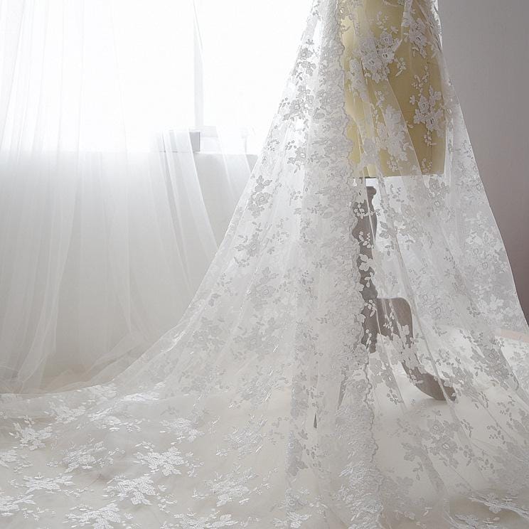 White Embroidered Bridal Lace Fabric - Corded Lace for Wedding Dress