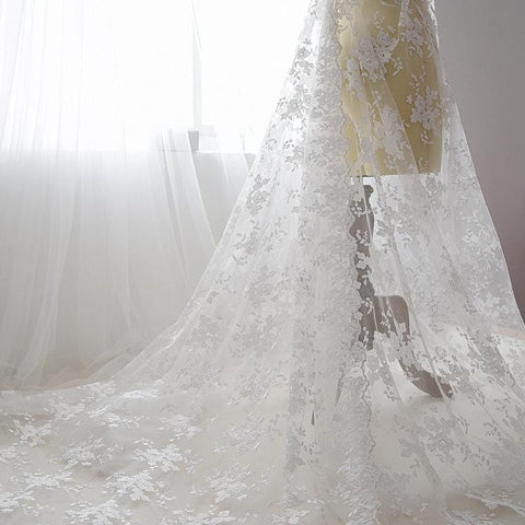 White Embroidered Bridal Lace Fabric - Corded Lace for Wedding Dress