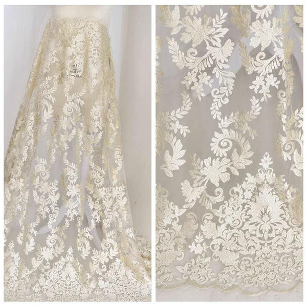 White Embroidered Bridal Lace Fabric - Corded Wedding Gown Lace