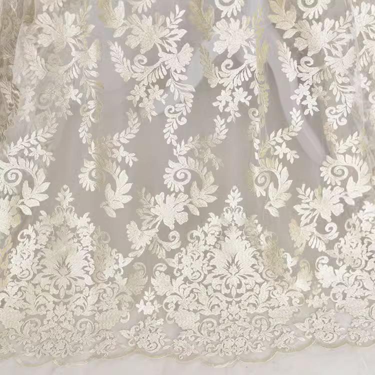 White Embroidered Bridal Lace Fabric - Corded Wedding Gown Lace