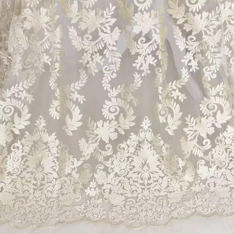 White Embroidered Bridal Lace Fabric - Corded Wedding Gown Lace