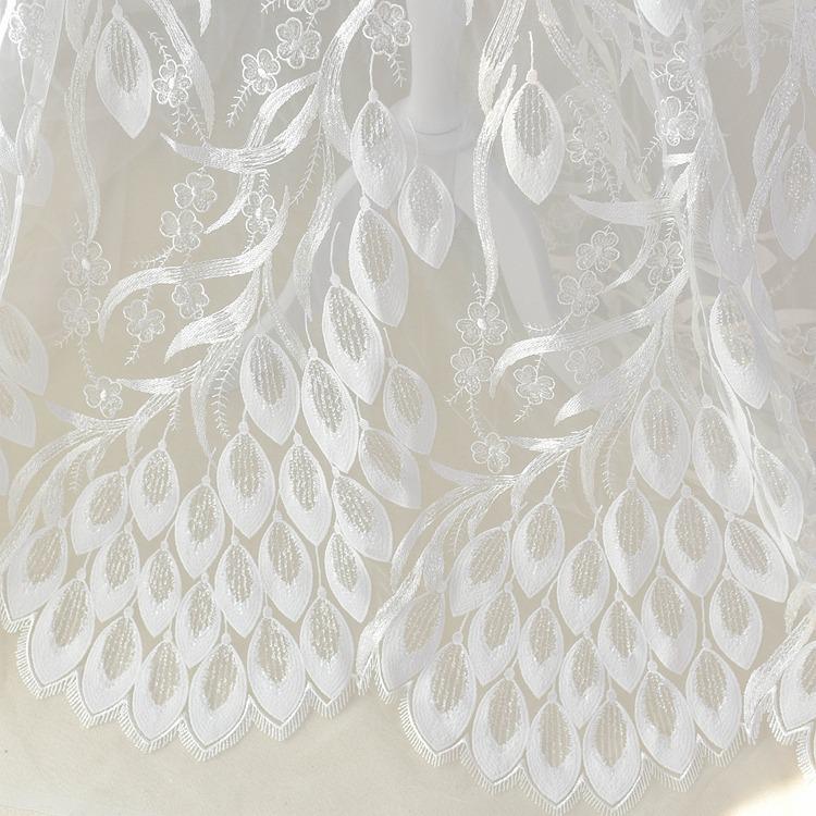 White Embroidered Bridal Lace Fabric: Corded Wedding Gown Lace