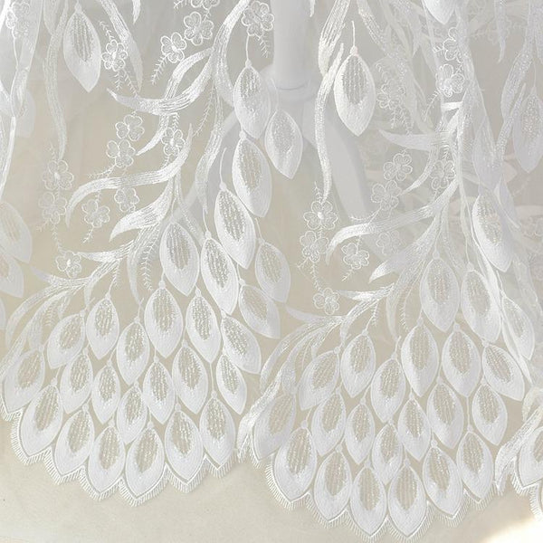 White Embroidered Bridal Lace Fabric: Corded Wedding Gown Lace