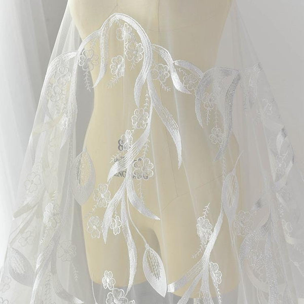White Embroidered Bridal Lace Fabric: Corded Wedding Gown Lace