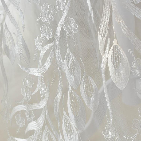 White Embroidered Bridal Lace Fabric: Corded Wedding Gown Lace