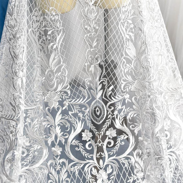 White Embroidered Bridal Lace Fabric - Corded Wedding Gown Lace