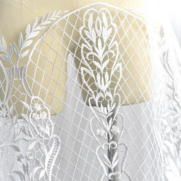 White Embroidered Bridal Lace Fabric - Corded Wedding Gown Lace