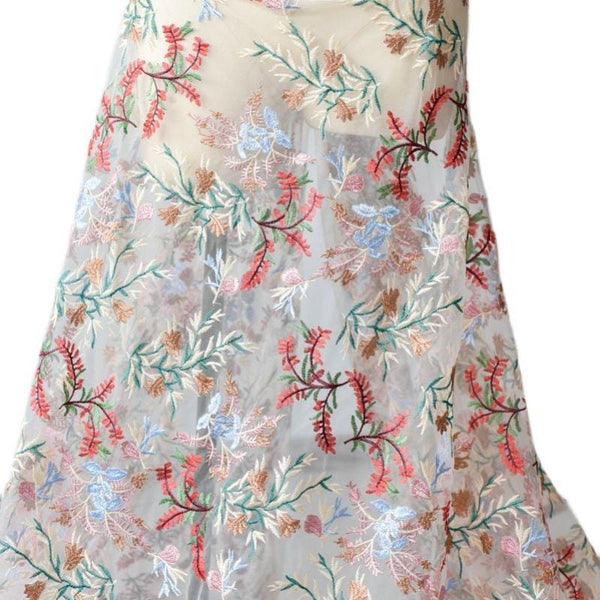 White Embroidered Floral Lace Fabric - Bridal Gown Lace By The Yard