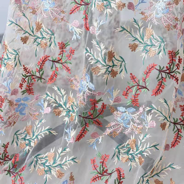 White Embroidered Floral Lace Fabric - Bridal Gown Lace By The Yard